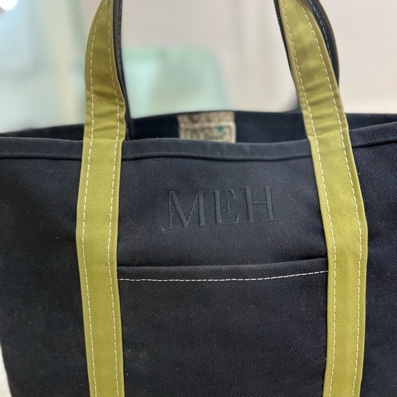 Vintage LL Bean Medium Tote Black with Olive Green Trim Handles  ‘MEH’ Monogram - Picture 3 of 12